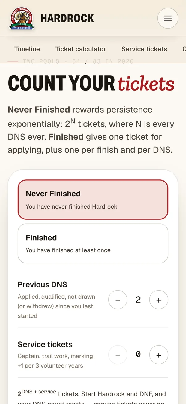 Ticket calculator — Hardrock 100 on mobile