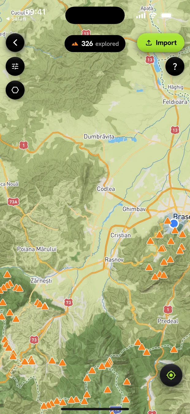Peaks on the map — Wayly app screen