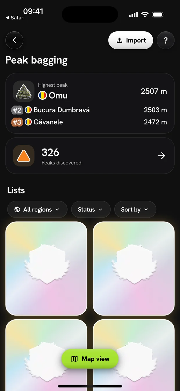Peak bagging — Wayly app screen
