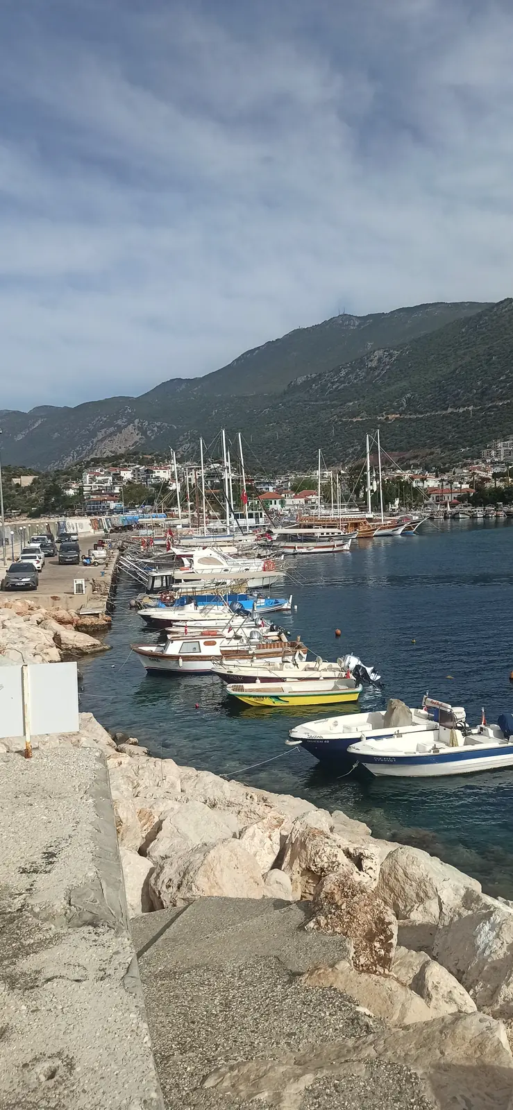 Small boats moored along a stone quay in a harbour below green hills
