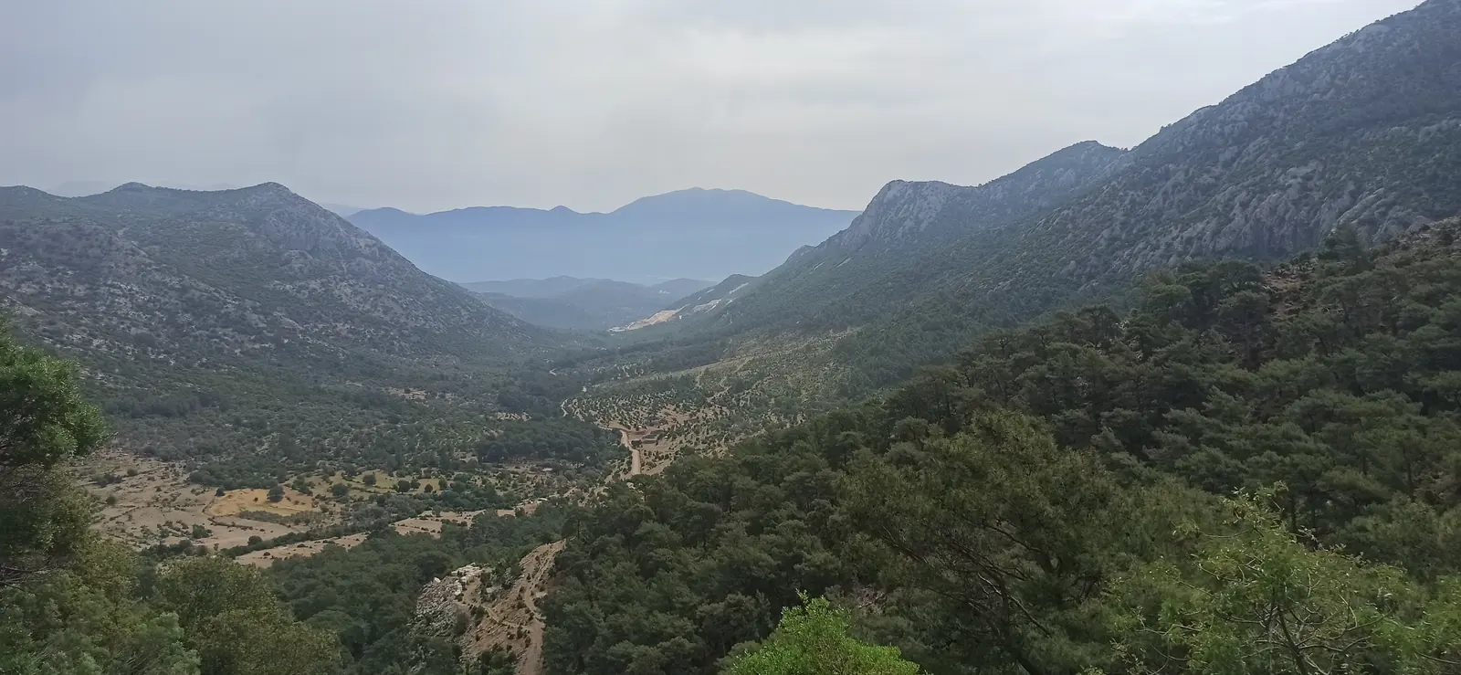 A long green valley opening towards the sea between mountain slopes