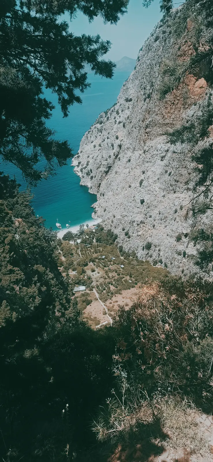 Looking straight down a white cliff to a turquoise bay in Butterfly Valley