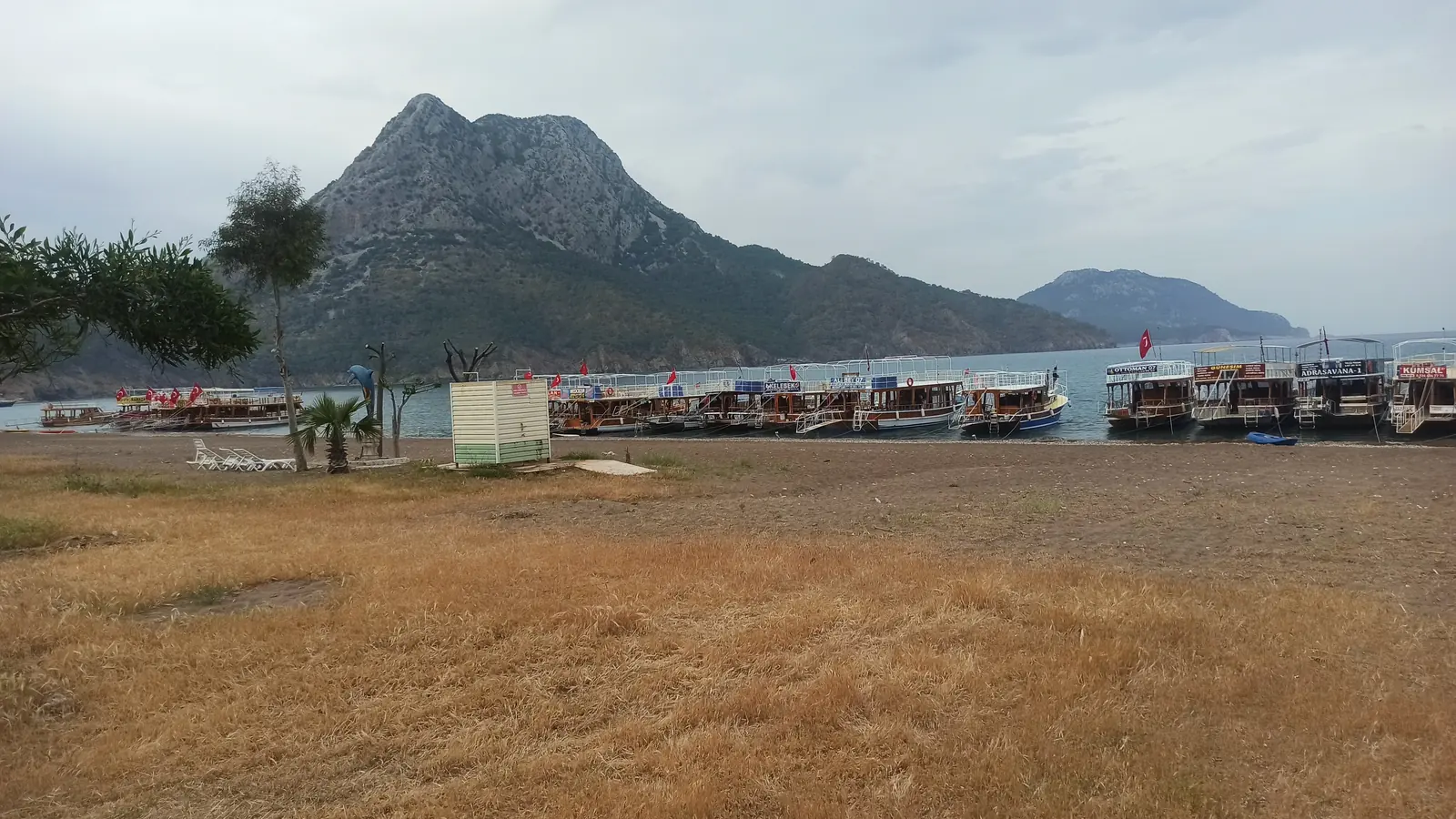 A beach with rows of sunbeds and a large mountain behind