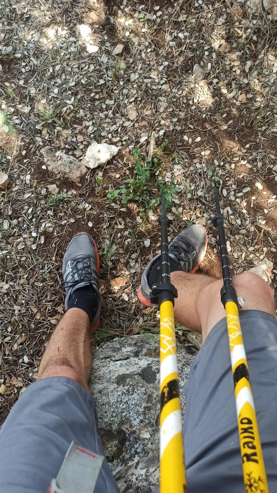 Looking down at running shoes and yellow trekking poles on rocky ground